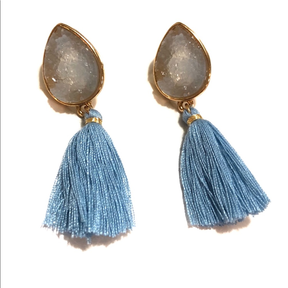 Druzy Baby Blue Tassel Earrings